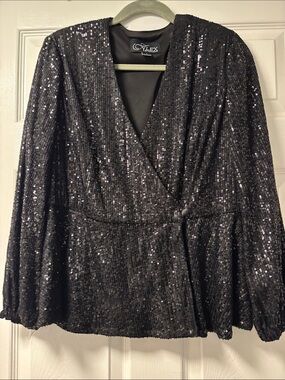 Alex Evenings Black Sequin Wrap-Front Blouse